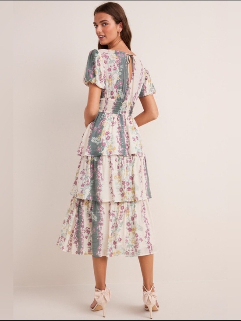 Francesca's Collections Cream & Sage Floral Tiered Midi Dress - Picture 11 of 11